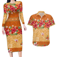 Hawaii Hibiscus Couples Matching Long Sleeve Bodycon Dress and Hawaiian Shirt Turtles and Tribal Motifs Vintage Floral Style LT03 Yellow - Polynesian Pride