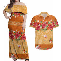 Hawaii Hibiscus Couples Matching Off Shoulder Maxi Dress and Hawaiian Shirt Turtles and Tribal Motifs Vintage Floral Style LT03 Yellow - Polynesian Pride