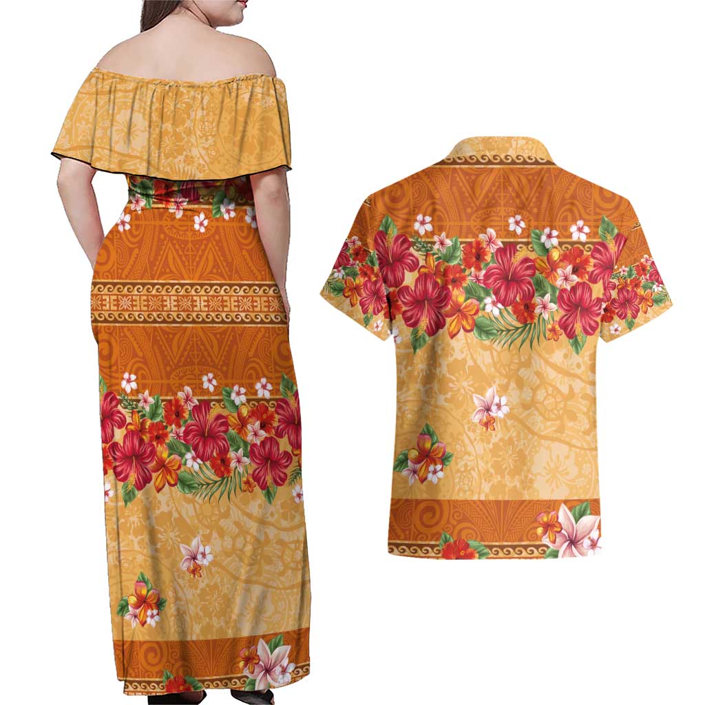 Hawaii Hibiscus Couples Matching Off Shoulder Maxi Dress and Hawaiian Shirt Turtles and Tribal Motifs Vintage Floral Style LT03 - Polynesian Pride