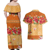 Hawaii Hibiscus Couples Matching Off Shoulder Maxi Dress and Hawaiian Shirt Turtles and Tribal Motifs Vintage Floral Style LT03 - Polynesian Pride