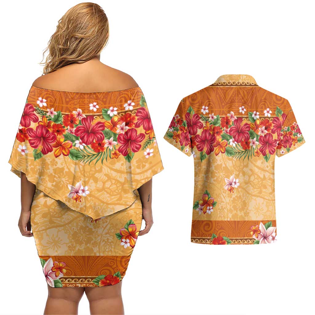 Hawaii Hibiscus Couples Matching Off Shoulder Short Dress and Hawaiian Shirt Turtles and Tribal Motifs Vintage Floral Style LT03 - Polynesian Pride