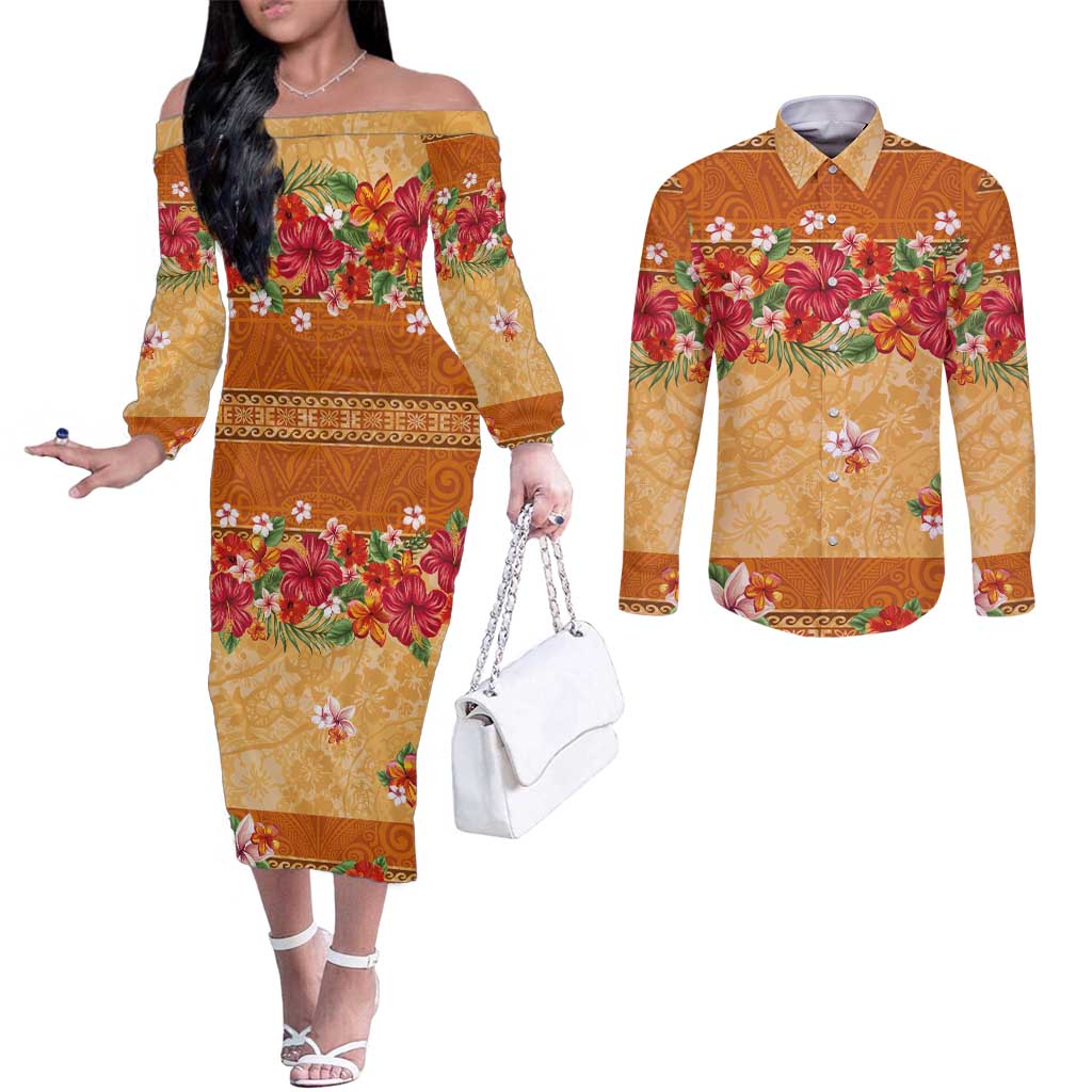 Hawaii Hibiscus Couples Matching Off The Shoulder Long Sleeve Dress and Long Sleeve Button Shirt Turtles and Tribal Motifs Vintage Floral Style LT03 Yellow - Polynesian Pride