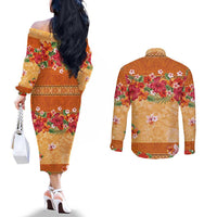 Hawaii Hibiscus Couples Matching Off The Shoulder Long Sleeve Dress and Long Sleeve Button Shirt Turtles and Tribal Motifs Vintage Floral Style LT03 - Polynesian Pride