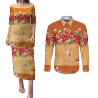 Hawaii Hibiscus Couples Matching Puletasi and Long Sleeve Button Shirt Turtles and Tribal Motifs Vintage Floral Style LT03 Yellow - Polynesian Pride