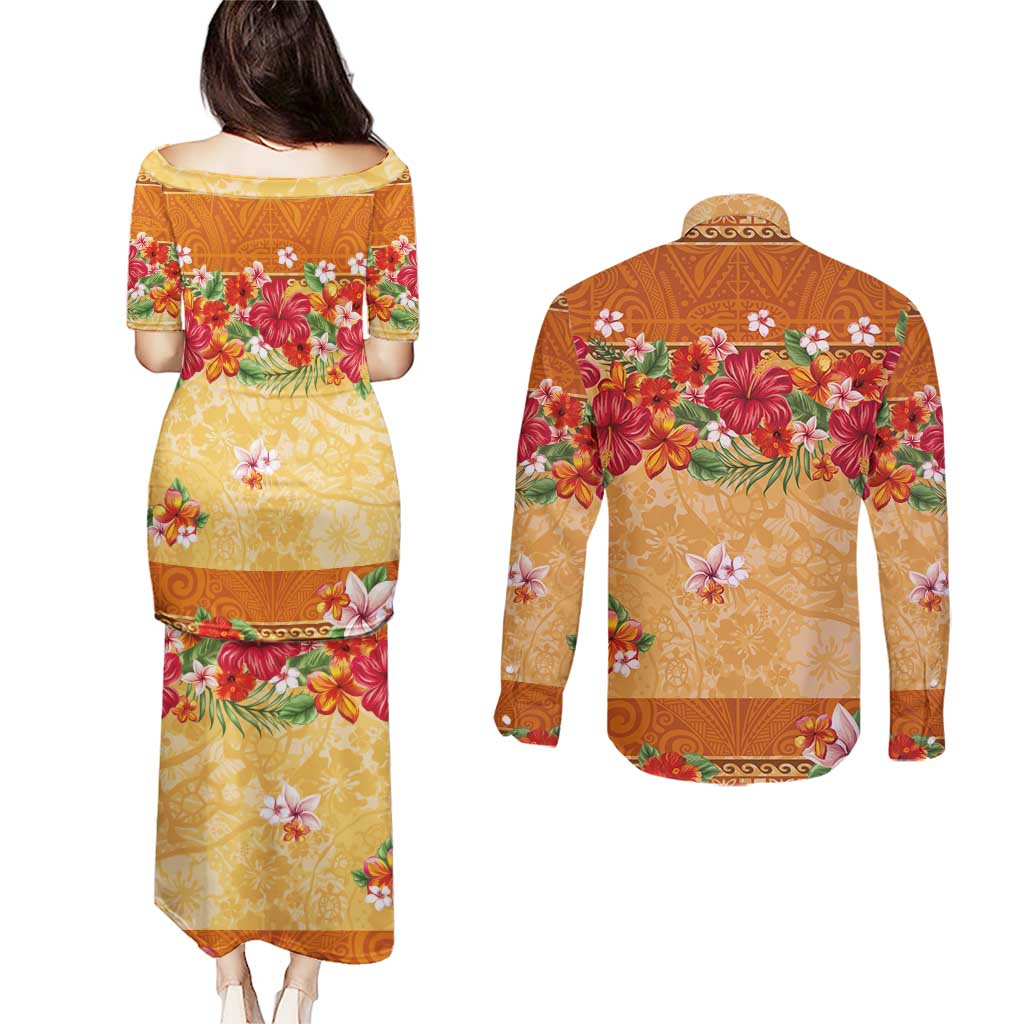 Hawaii Hibiscus Couples Matching Puletasi and Long Sleeve Button Shirt Turtles and Tribal Motifs Vintage Floral Style LT03 - Polynesian Pride