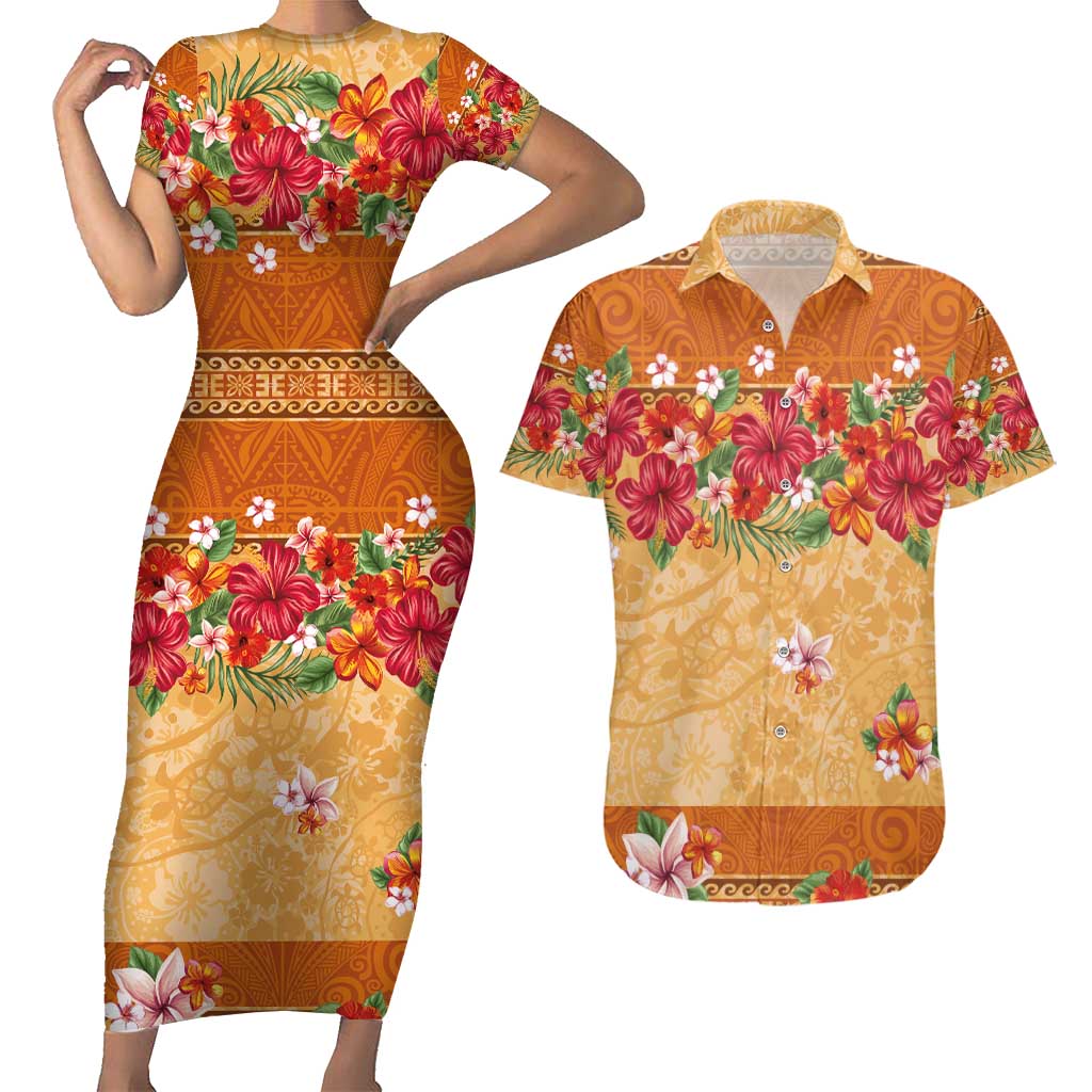 Hawaii Hibiscus Couples Matching Short Sleeve Bodycon Dress and Hawaiian Shirt Turtles and Tribal Motifs Vintage Floral Style LT03 Yellow - Polynesian Pride