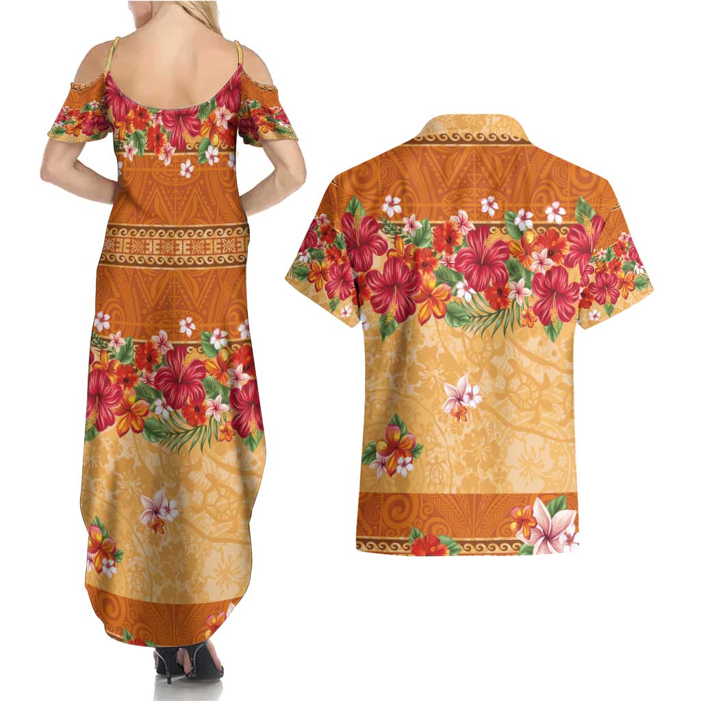 Hawaii Hibiscus Couples Matching Summer Maxi Dress and Hawaiian Shirt Turtles and Tribal Motifs Vintage Floral Style LT03 - Polynesian Pride