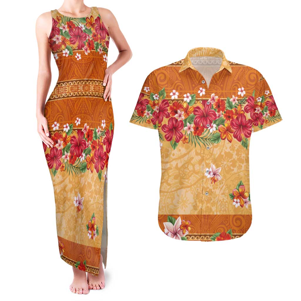 Hawaii Hibiscus Couples Matching Tank Maxi Dress and Hawaiian Shirt Turtles and Tribal Motifs Vintage Floral Style LT03 Yellow - Polynesian Pride