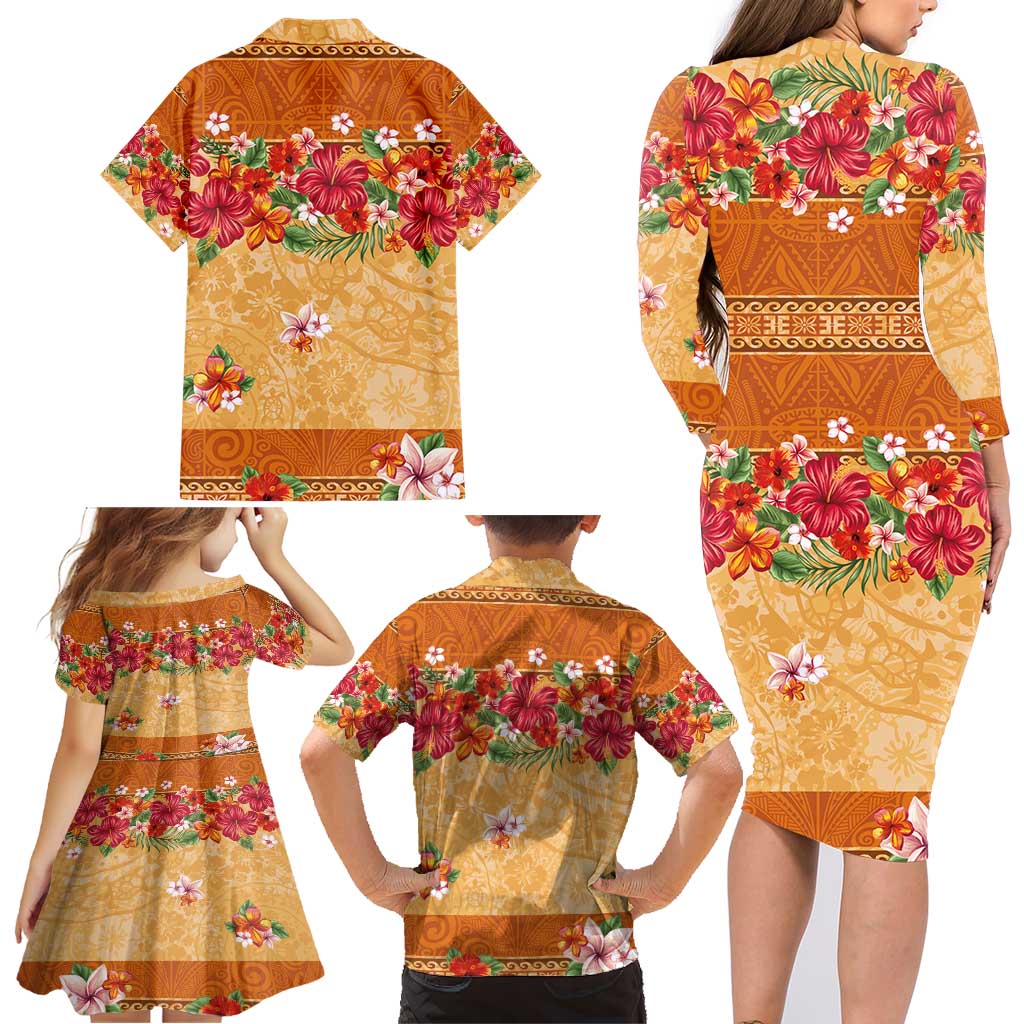 Hawaii Hibiscus Family Matching Long Sleeve Bodycon Dress and Hawaiian Shirt Turtles and Tribal Motifs Vintage Floral Style LT03 - Polynesian Pride
