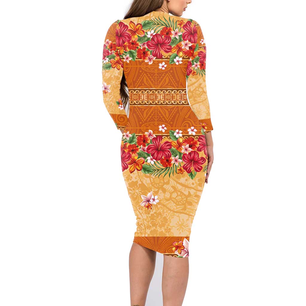 Hawaii Hibiscus Family Matching Long Sleeve Bodycon Dress and Hawaiian Shirt Turtles and Tribal Motifs Vintage Floral Style LT03 - Polynesian Pride