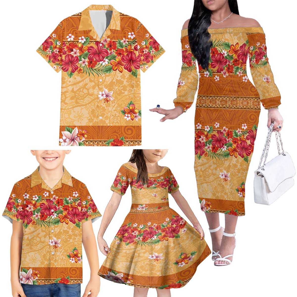 Hawaii Hibiscus Family Matching Off The Shoulder Long Sleeve Dress and Hawaiian Shirt Turtles and Tribal Motifs Vintage Floral Style LT03 - Polynesian Pride