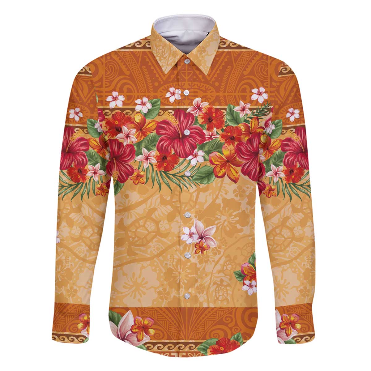 Hawaii Hibiscus Family Matching Off The Shoulder Long Sleeve Dress and Hawaiian Shirt Turtles and Tribal Motifs Vintage Floral Style LT03 Dad's Shirt - Long Sleeve Yellow - Polynesian Pride