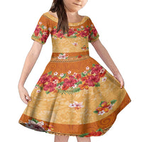 Hawaii Hibiscus Family Matching Off Shoulder Maxi Dress and Hawaiian Shirt Turtles and Tribal Motifs Vintage Floral Style LT03 Daughter's Dress Yellow - Polynesian Pride