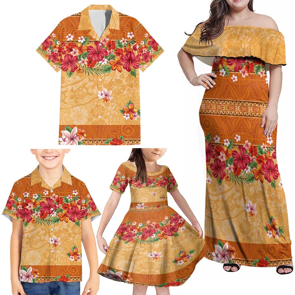 Hawaii Hibiscus Family Matching Off Shoulder Maxi Dress and Hawaiian Shirt Turtles and Tribal Motifs Vintage Floral Style LT03 - Polynesian Pride