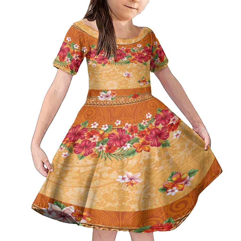 Hawaii Hibiscus Family Matching Off Shoulder Short Dress and Hawaiian Shirt Turtles and Tribal Motifs Vintage Floral Style LT03 Daughter's Dress Yellow - Polynesian Pride