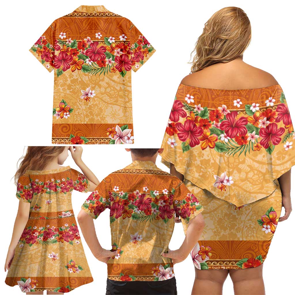 Hawaii Hibiscus Family Matching Off Shoulder Short Dress and Hawaiian Shirt Turtles and Tribal Motifs Vintage Floral Style LT03 - Polynesian Pride