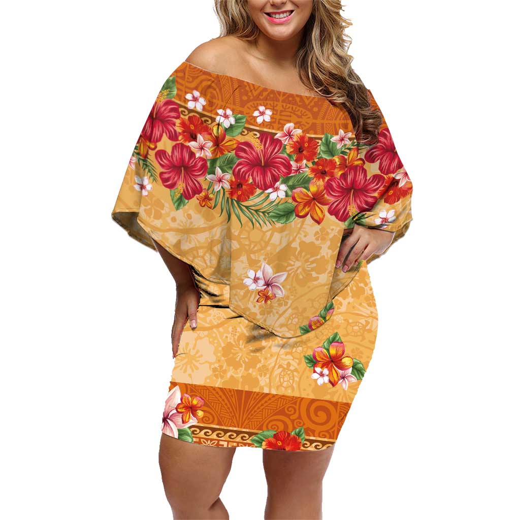 Hawaii Hibiscus Family Matching Off Shoulder Short Dress and Hawaiian Shirt Turtles and Tribal Motifs Vintage Floral Style LT03 Mom's Dress Yellow - Polynesian Pride