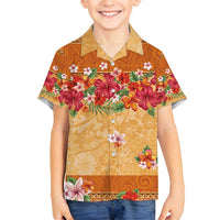 Hawaii Hibiscus Family Matching Off Shoulder Short Dress and Hawaiian Shirt Turtles and Tribal Motifs Vintage Floral Style LT03 Son's Shirt Yellow - Polynesian Pride