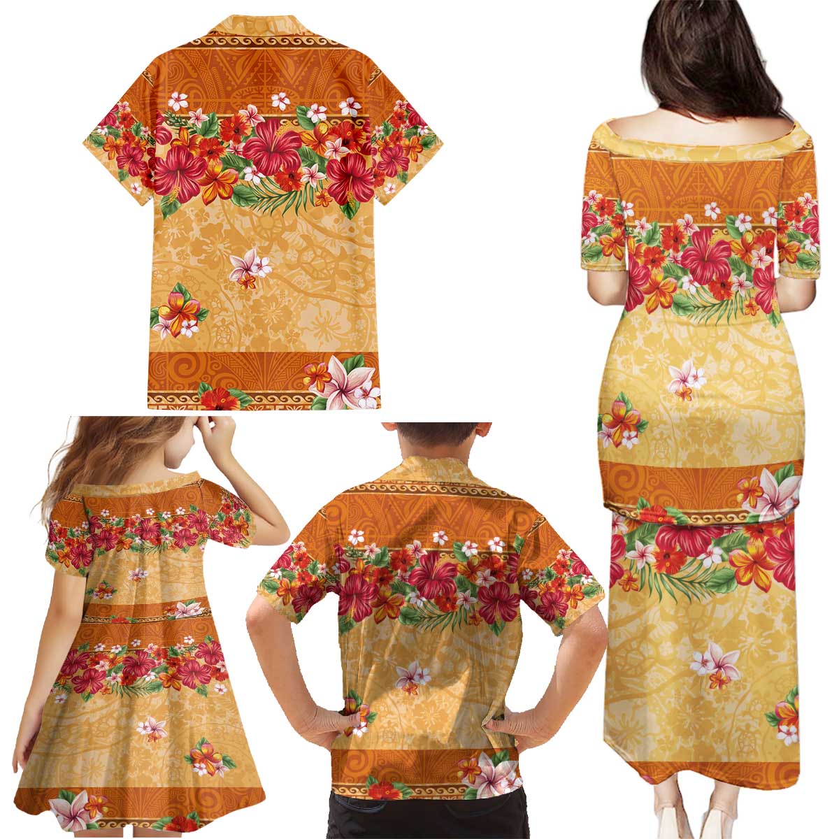 Hawaii Hibiscus Family Matching Puletasi and Hawaiian Shirt Turtles and Tribal Motifs Vintage Floral Style LT03 - Polynesian Pride