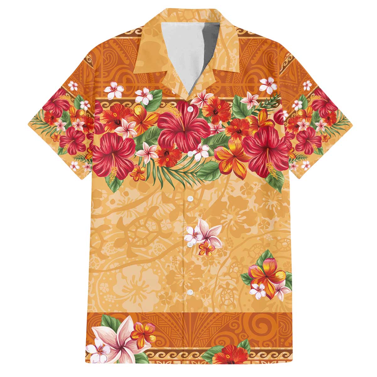 Hawaii Hibiscus Family Matching Puletasi and Hawaiian Shirt Turtles and Tribal Motifs Vintage Floral Style LT03 Dad's Shirt - Short Sleeve Yellow - Polynesian Pride