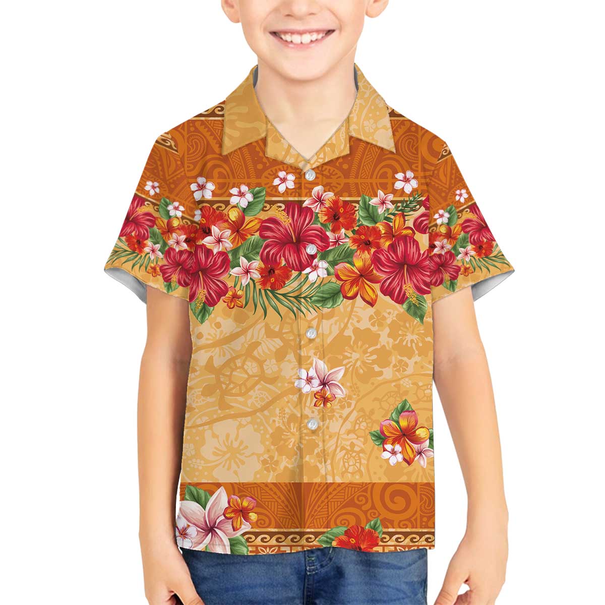 Hawaii Hibiscus Family Matching Puletasi and Hawaiian Shirt Turtles and Tribal Motifs Vintage Floral Style LT03 Son's Shirt Yellow - Polynesian Pride
