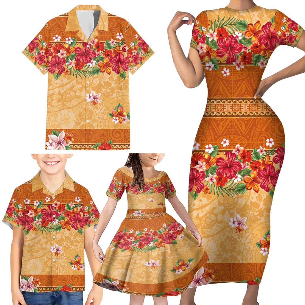 Hawaii Hibiscus Family Matching Short Sleeve Bodycon Dress and Hawaiian Shirt Turtles and Tribal Motifs Vintage Floral Style LT03 - Polynesian Pride