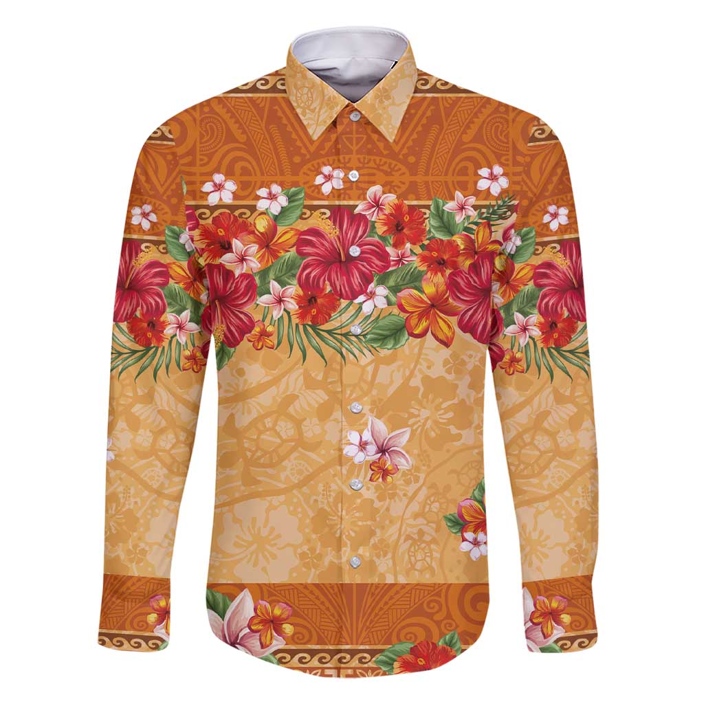 Hawaii Hibiscus Family Matching Short Sleeve Bodycon Dress and Hawaiian Shirt Turtles and Tribal Motifs Vintage Floral Style LT03 Dad's Shirt - Long Sleeve Yellow - Polynesian Pride