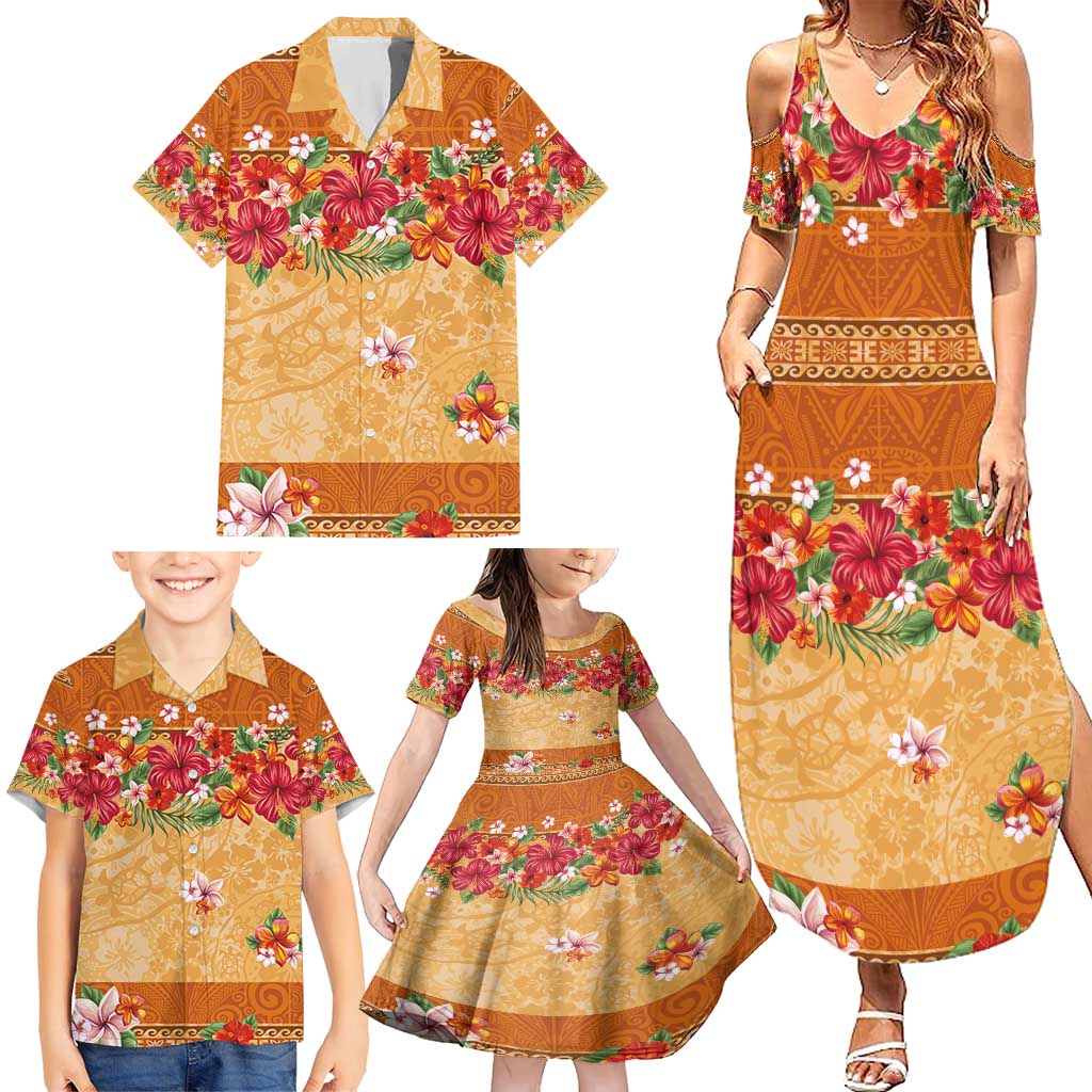 Hawaii Hibiscus Family Matching Summer Maxi Dress and Hawaiian Shirt Turtles and Tribal Motifs Vintage Floral Style LT03 - Polynesian Pride