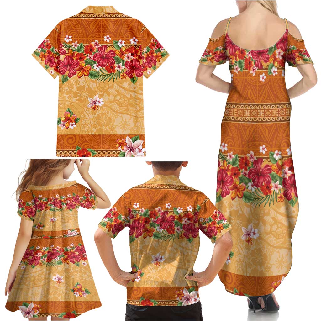 Hawaii Hibiscus Family Matching Summer Maxi Dress and Hawaiian Shirt Turtles and Tribal Motifs Vintage Floral Style LT03 - Polynesian Pride