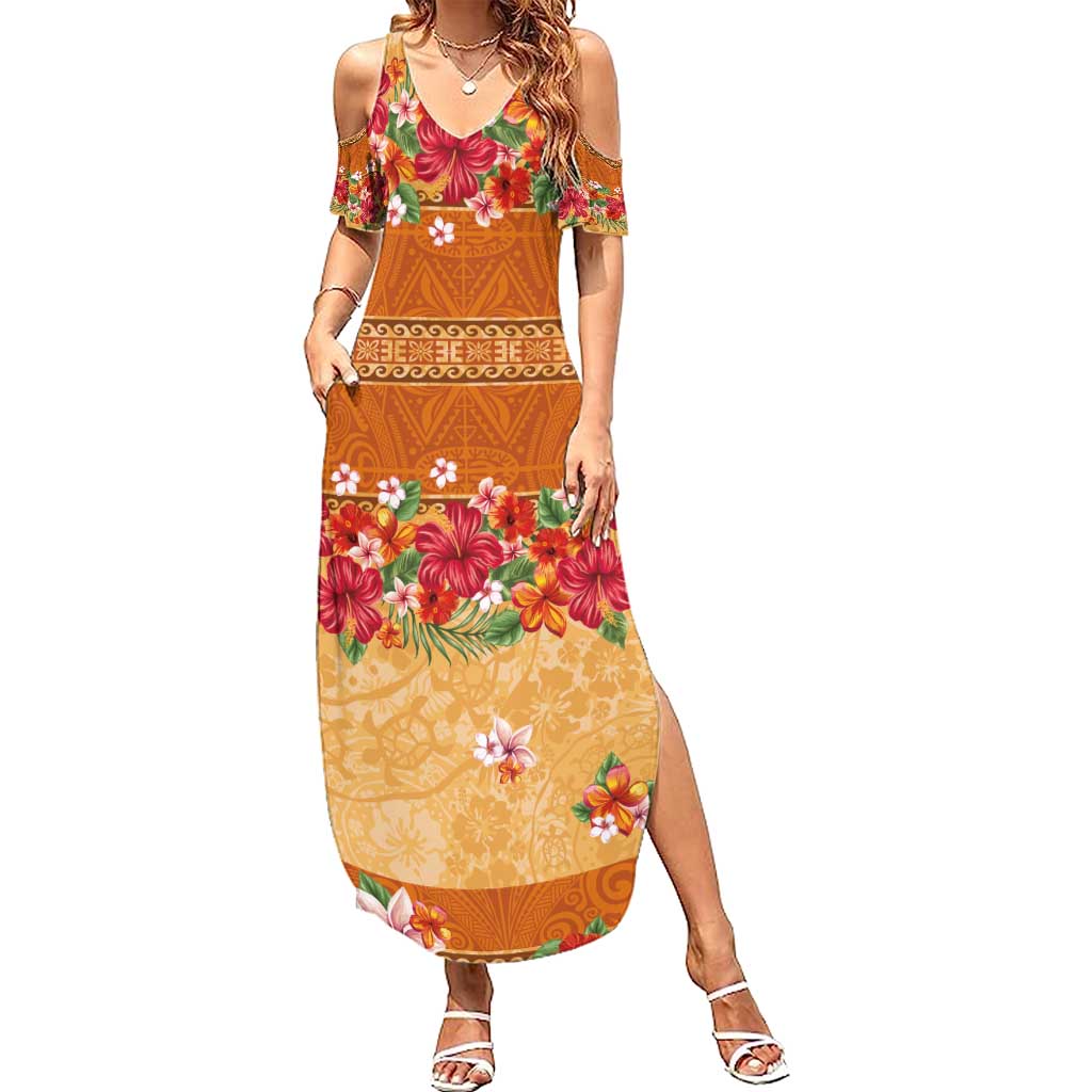 Hawaii Hibiscus Family Matching Summer Maxi Dress and Hawaiian Shirt Turtles and Tribal Motifs Vintage Floral Style LT03 Mom's Dress Yellow - Polynesian Pride