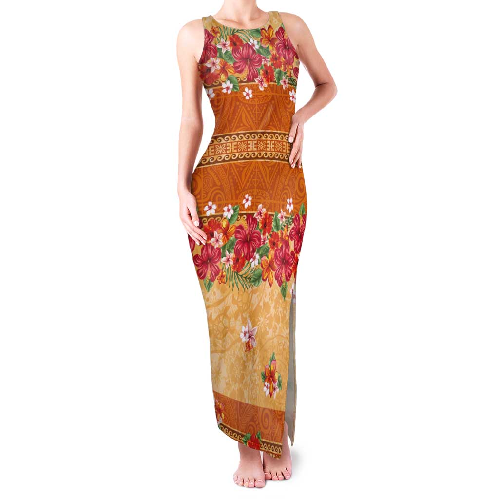 Hawaii Hibiscus Family Matching Tank Maxi Dress and Hawaiian Shirt Turtles and Tribal Motifs Vintage Floral Style LT03 Mom's Dress Yellow - Polynesian Pride