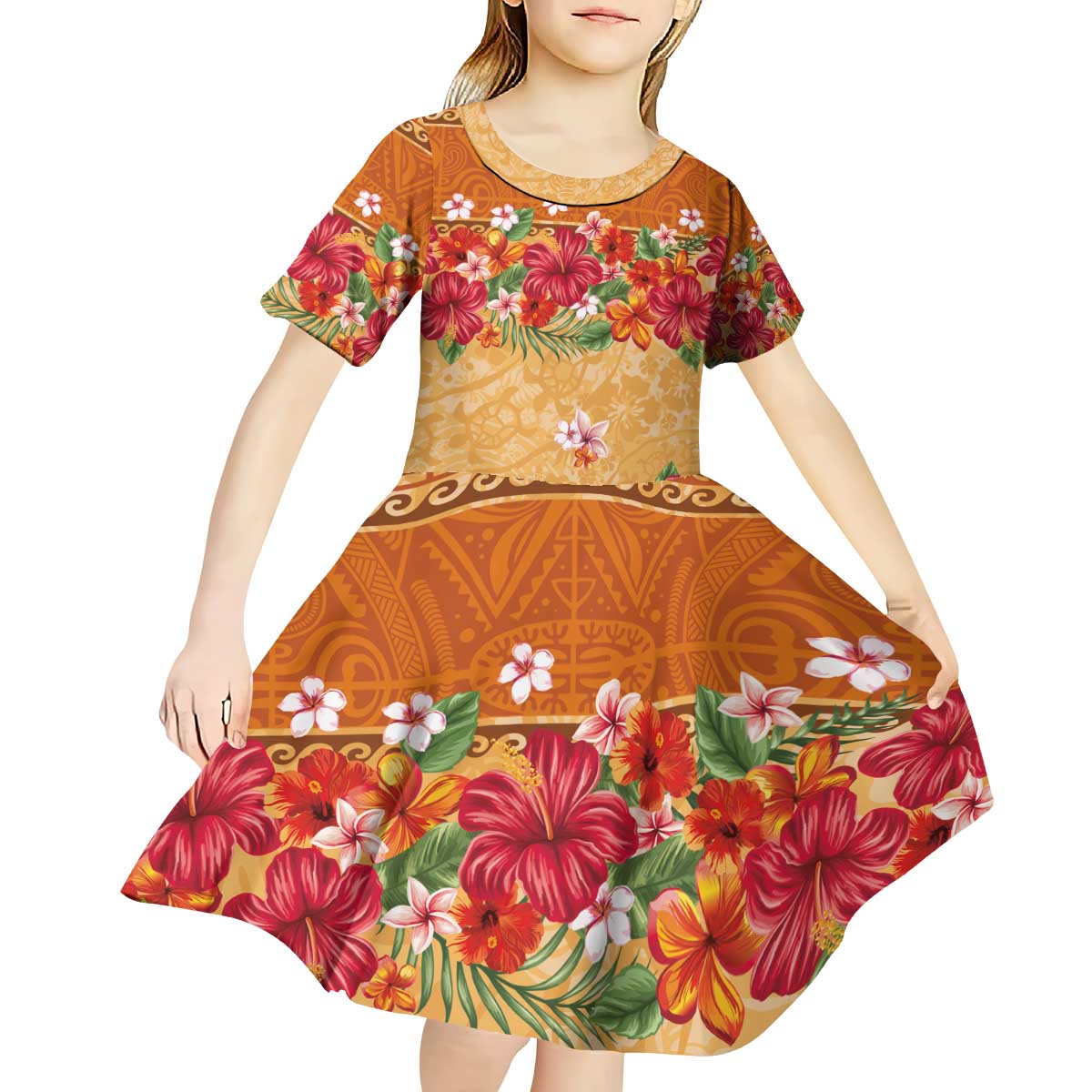 Hawaii Hibiscus Kid Short Sleeve Dress Turtles and Tribal Motifs Vintage Floral Style