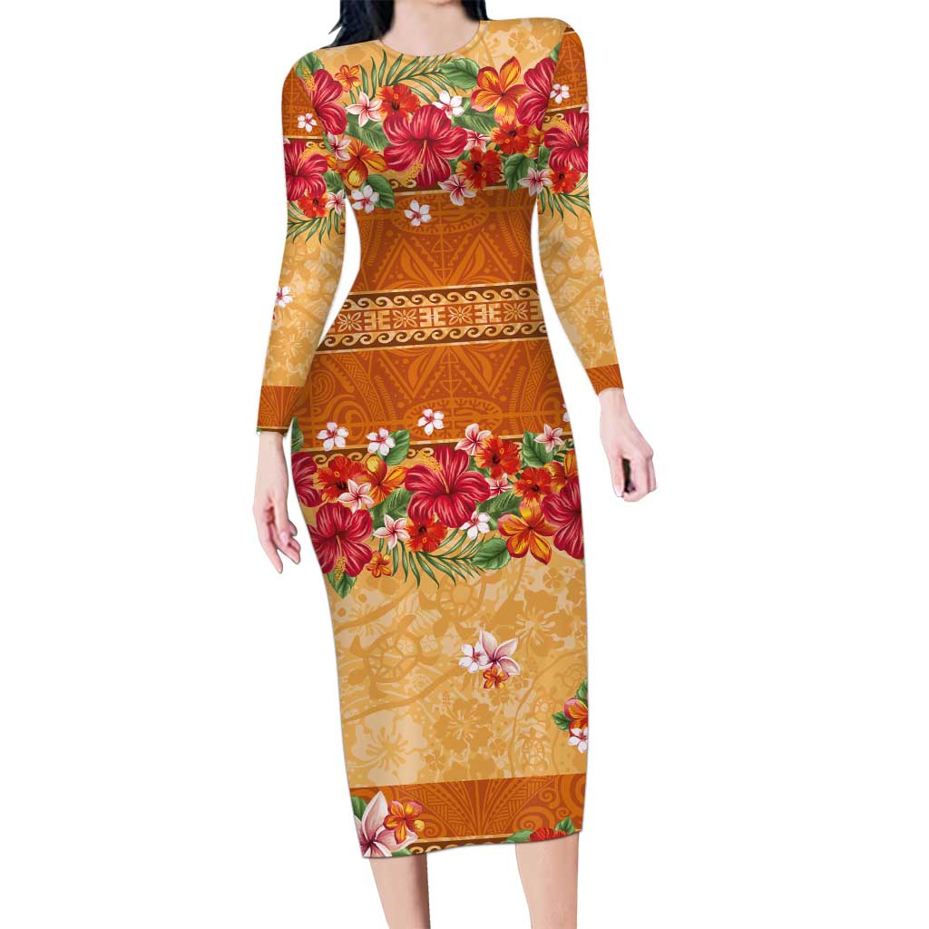 Hawaii Hibiscus Long Sleeve Bodycon Dress Turtles and Tribal Motifs Vintage Floral Style LT03 Long Dress Yellow - Polynesian Pride