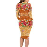 Hawaii Hibiscus Long Sleeve Bodycon Dress Turtles and Tribal Motifs Vintage Floral Style LT03 - Polynesian Pride