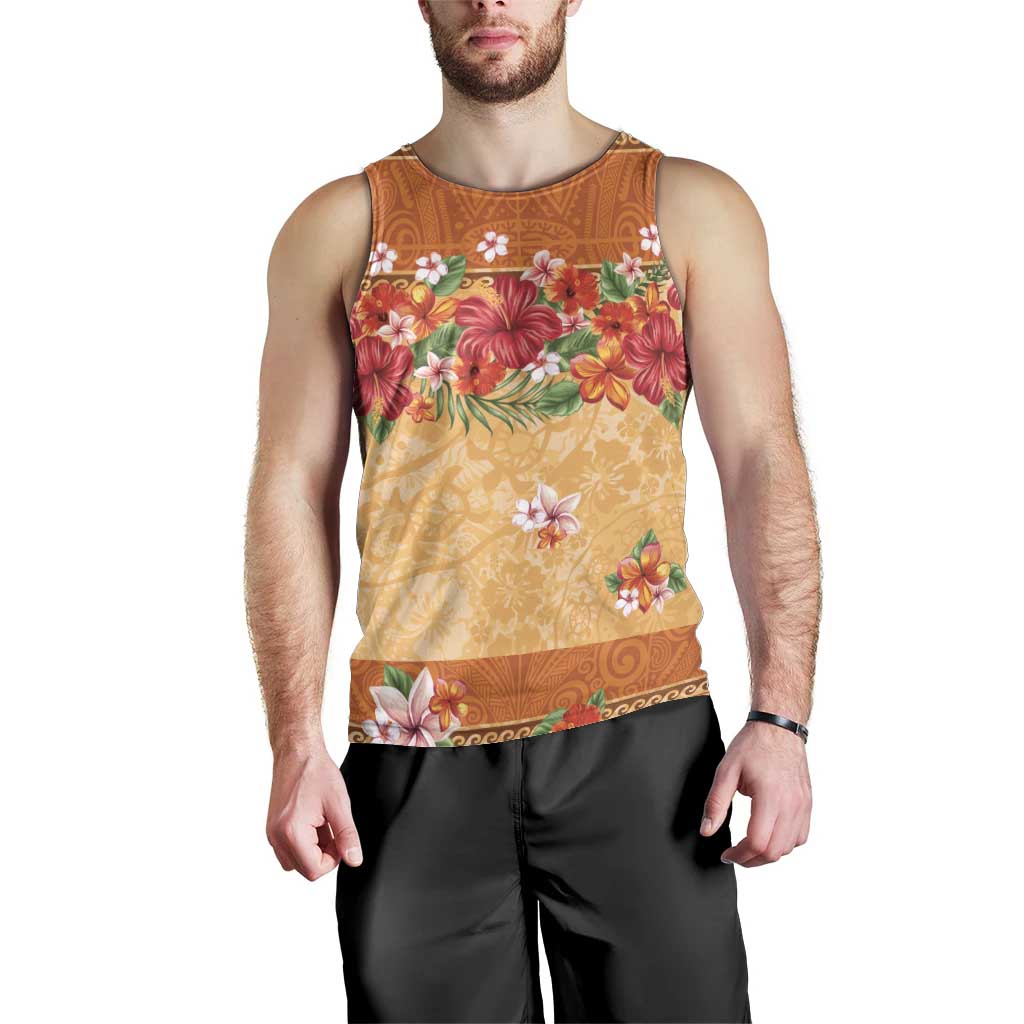 Hawaii Hibiscus Men Tank Top Turtles and Tribal Motifs Vintage Floral Style