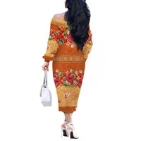 Hawaii Hibiscus Off The Shoulder Long Sleeve Dress Turtles and Tribal Motifs Vintage Floral Style LT03 - Polynesian Pride