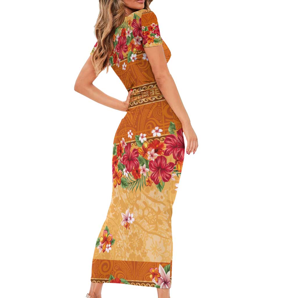 Hawaii Hibiscus Short Sleeve Bodycon Dress Turtles and Tribal Motifs Vintage Floral Style LT03 - Polynesian Pride