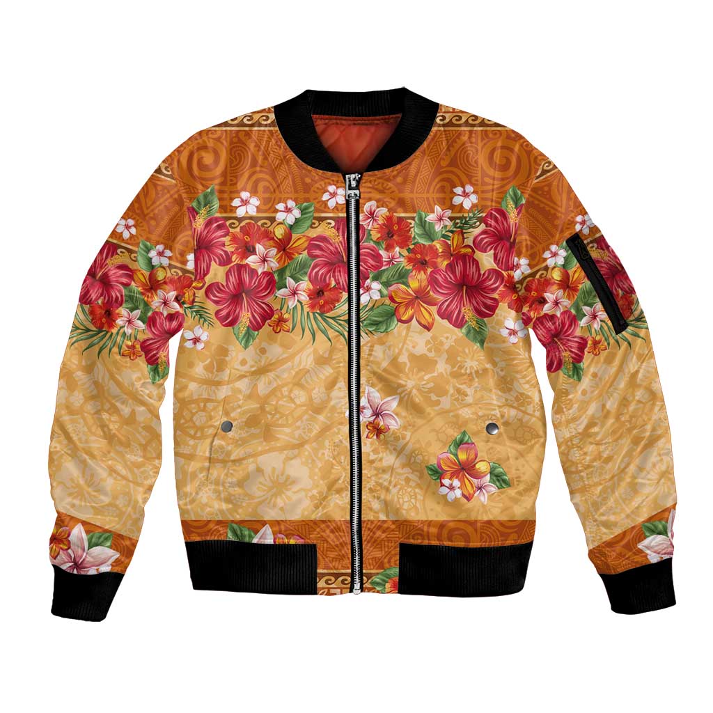 Hawaii Hibiscus Sleeve Zip Bomber Jacket Turtles and Tribal Motifs Vintage Floral Style LT03 Unisex Yellow - Polynesian Pride