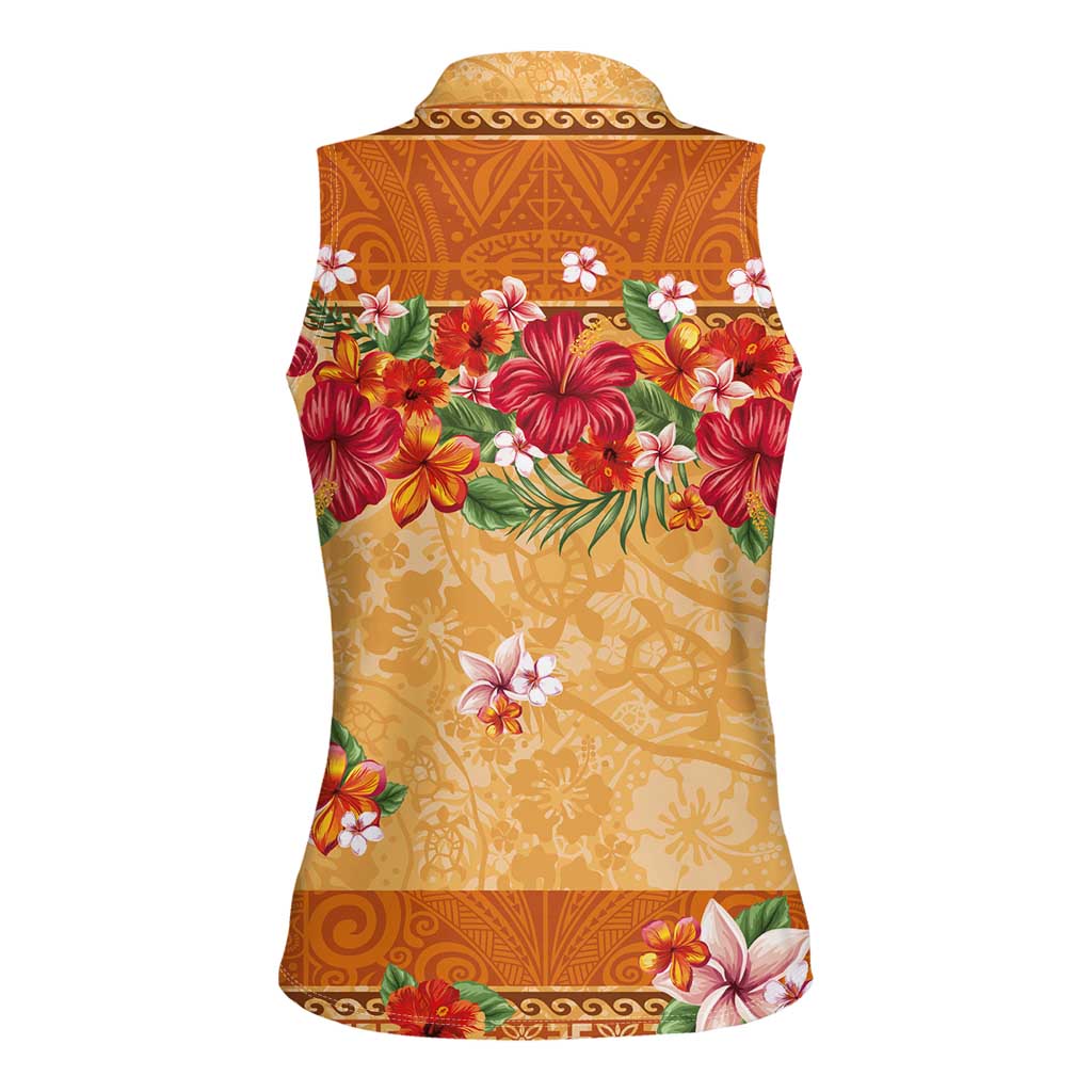Hawaii Hibiscus Women Sleeveless Polo Shirt Turtles and Tribal Motifs Vintage Floral Style