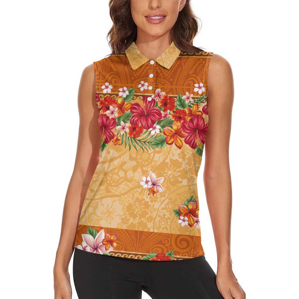 Hawaii Hibiscus Women Sleeveless Polo Shirt Turtles and Tribal Motifs Vintage Floral Style
