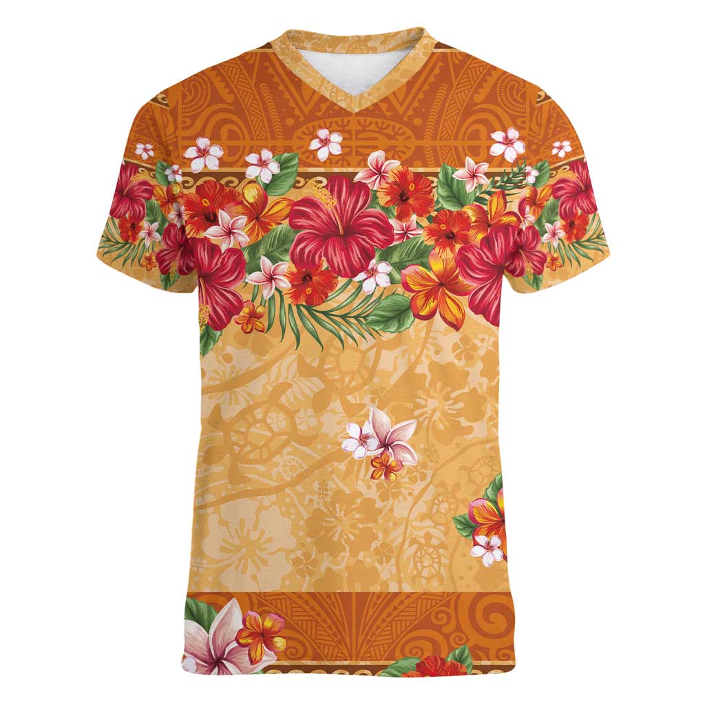 Hawaii Hibiscus Women V-Neck T-Shirt Turtles and Tribal Motifs Vintage Floral Style