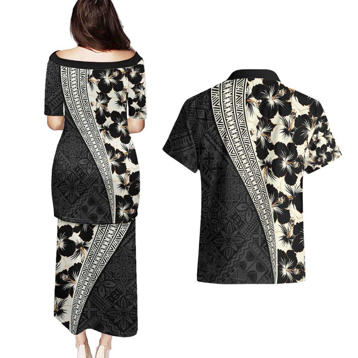 Bula Hibiscus Festival Couples Matching Puletasi and Hawaiian Shirt Tapa Pattern Half Style LT03 - Polynesian Pride