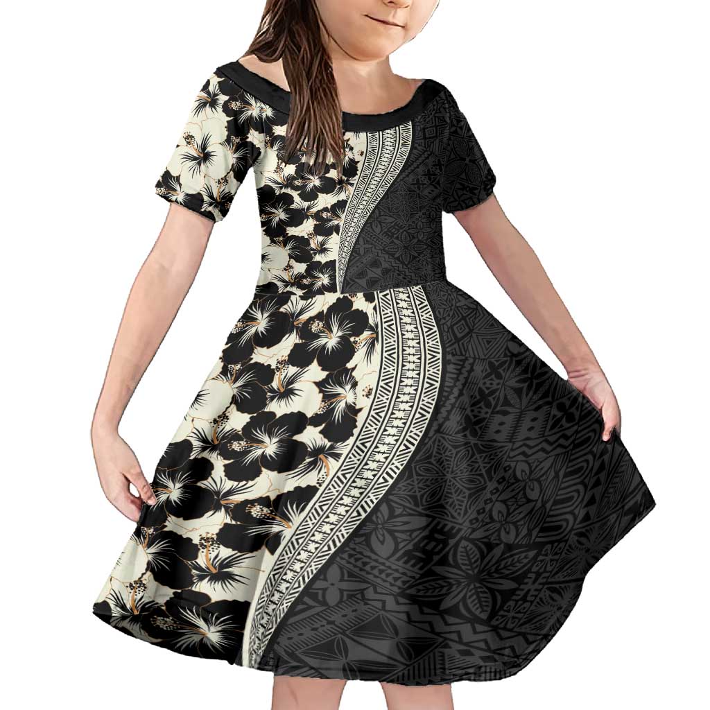Bula Hibiscus Festival Family Matching Long Sleeve Bodycon Dress and Hawaiian Shirt Tapa Pattern Half Style LT03 Daughter's Dress Beige - Polynesian Pride