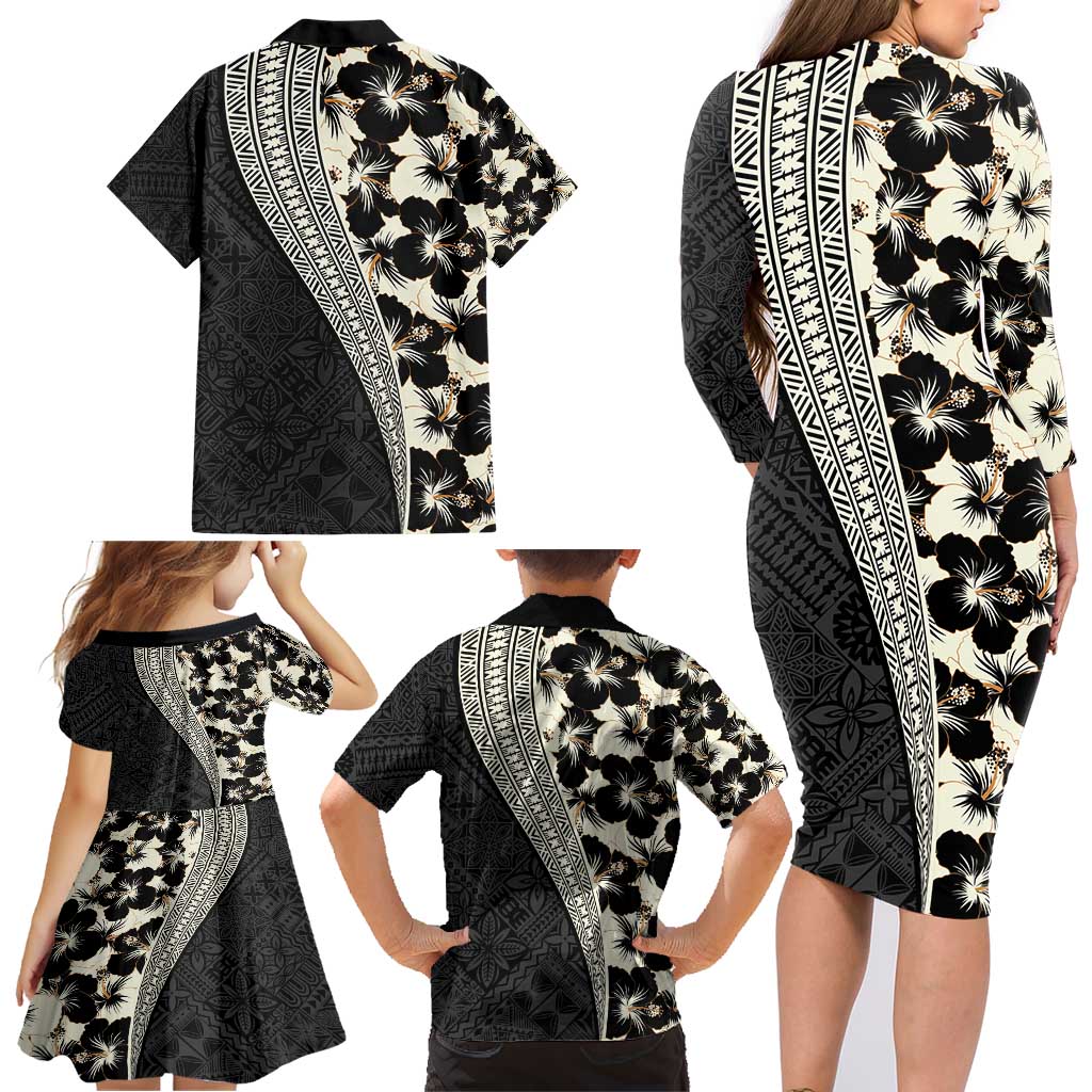 Bula Hibiscus Festival Family Matching Long Sleeve Bodycon Dress and Hawaiian Shirt Tapa Pattern Half Style LT03 - Polynesian Pride