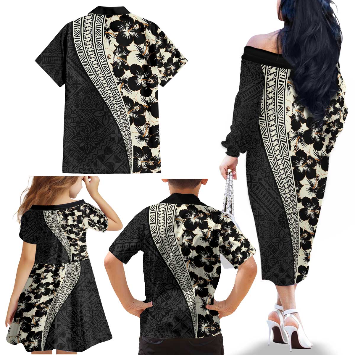 Bula Hibiscus Festival Family Matching Off The Shoulder Long Sleeve Dress and Hawaiian Shirt Tapa Pattern Half Style LT03 - Polynesian Pride