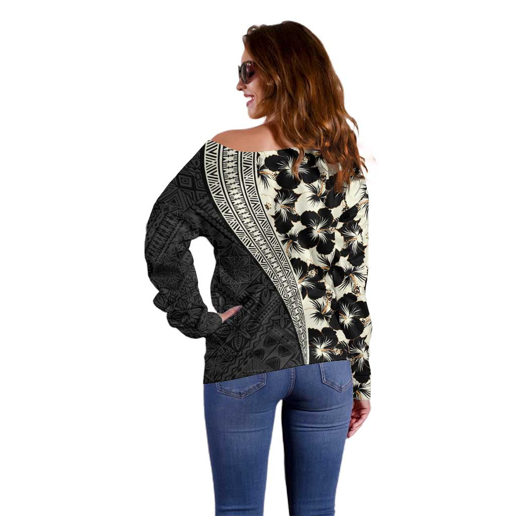 Bula Hibiscus Festival Off Shoulder Sweater Tapa Pattern Half Style