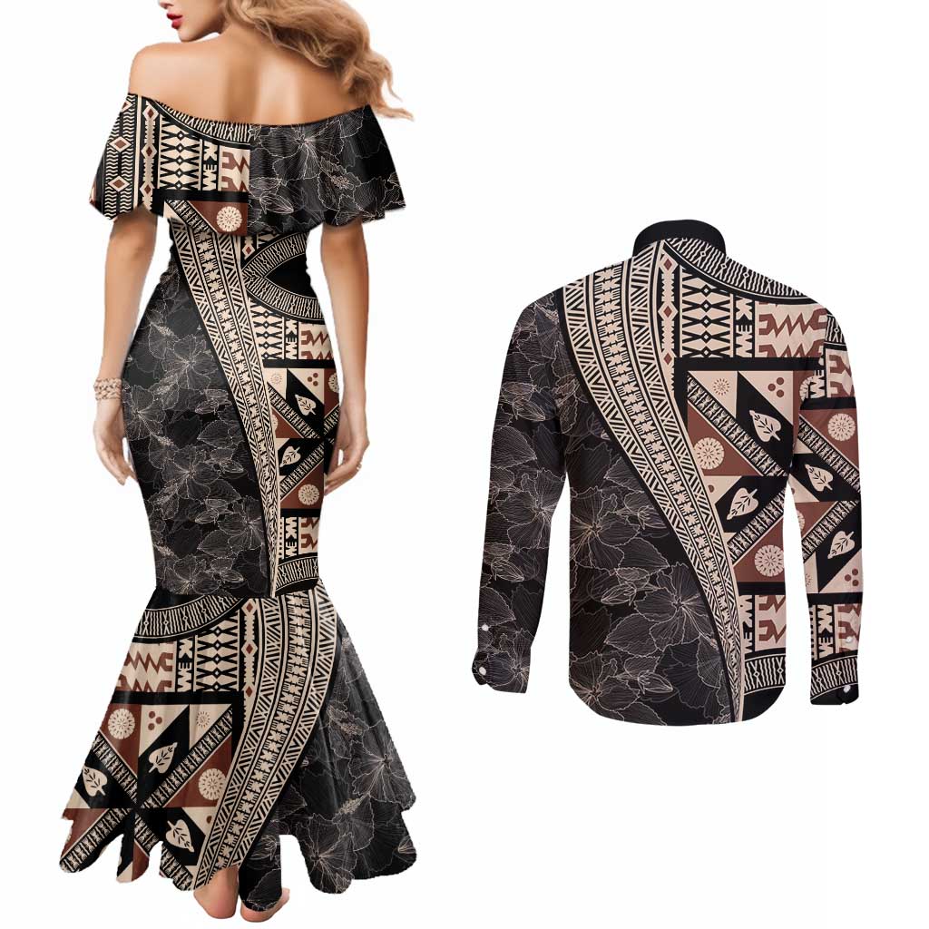 Bula Hibiscus Festival Couples Matching Mermaid Dress and Long Sleeve Button Shirt Fijian Masi Pattern Half Style