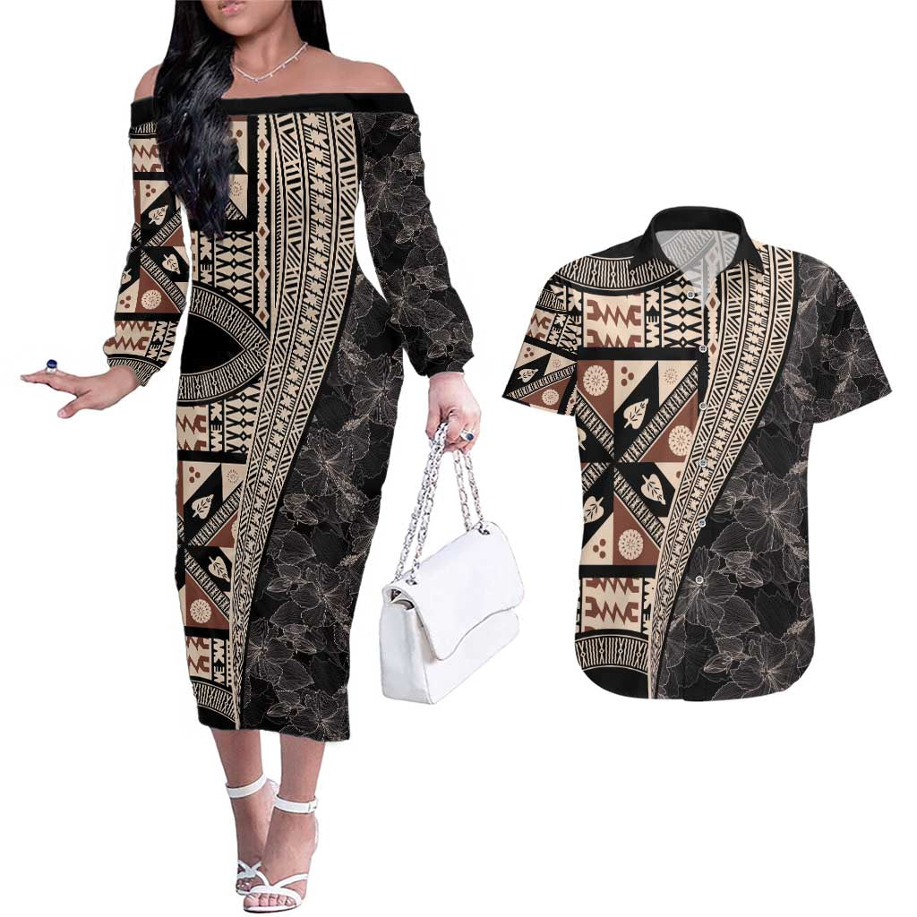Bula Hibiscus Festival Couples Matching Off The Shoulder Long Sleeve Dress and Hawaiian Shirt Fijian Masi Pattern Half Style