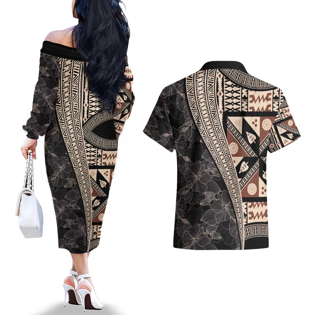 Bula Hibiscus Festival Couples Matching Off The Shoulder Long Sleeve Dress and Hawaiian Shirt Fijian Masi Pattern Half Style