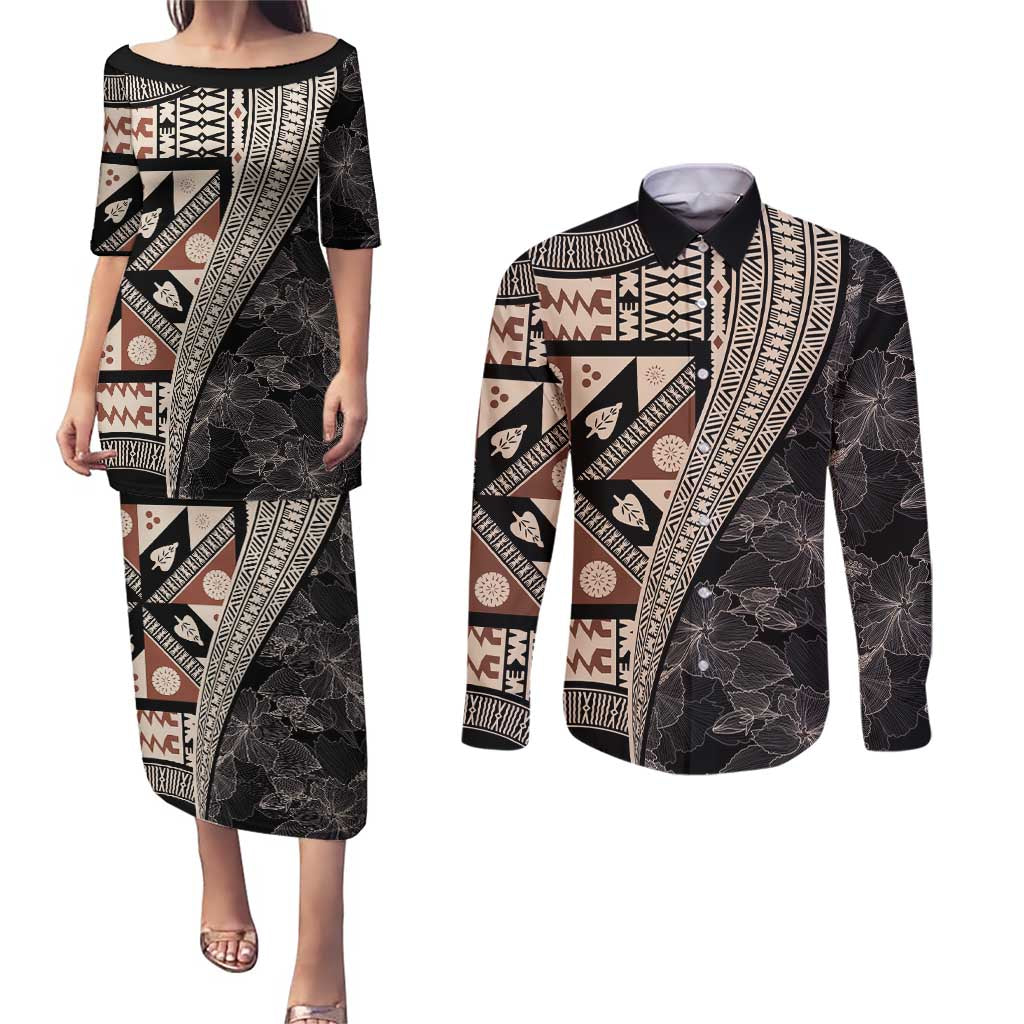 Bula Hibiscus Festival Couples Matching Puletasi and Long Sleeve Button Shirt Fijian Masi Pattern Half Style